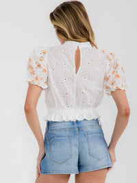 WOMEN'S SHORT PUFF SLEEVE MOCK NECK FLORAL EYELET BLOUSE TOP