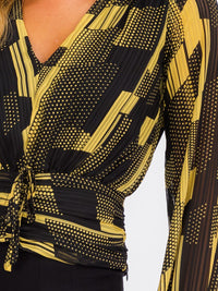 WOMEN'S LONG SLEEVE V-NECK FRONT RUCHED PRINTED BLOUSE TOP