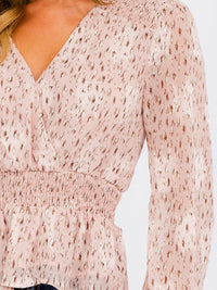 WOMEN'S LONG SLEEVE SMOCK SURPLICE ANIMAL PRINT BLOUSE TOP