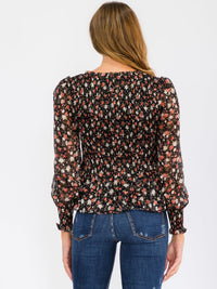 WOMEN'S LONG PUFF SLEEVE SMOCK V-NECK FLOWER PRINT BLOUSE TOP