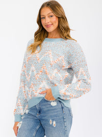 WOMEN'S LONG SLEEVE MULTI COLORS PRINTED PULLOVER SWEATER