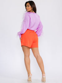 WOMEN'S LONG FEATHER SLEEVE TOP & SHORTS COLORBLOCK 2PC. SET