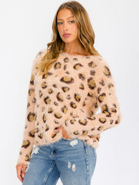 WOMEN'S LONG SLEEVE COLORBLOCK FUZZY ANIMAL PRINT PULLOVER SWEATER