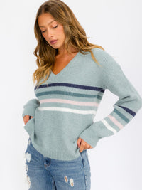 WOMEN'S LONG SLEEVE COLORBLOCK V-NECK PULLOVER SWEATER