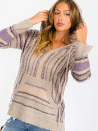 WOMEN'S LONG SLEEVE HOODED MULTI PRINT POCKETS PULLOVER SWEATER