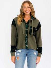 WOMEN'S LONG SLEEVE BUTTON UP POCKETS SEQUINS CONTRAST HOODED SWEATER