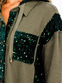 WOMEN'S LONG SLEEVE BUTTON UP POCKETS SEQUINS CONTRAST HOODED SWEATER