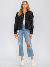 WOMEN'S LONG SLEEVE BUTTON UP POCKETS SEQUINS CONTRAST HOODED SWEATER