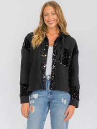 WOMEN'S LONG SLEEVE BUTTON UP POCKETS SEQUINS CONTRAST HOODED SWEATER