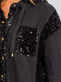 WOMEN'S LONG SLEEVE BUTTON UP POCKETS SEQUINS CONTRAST HOODED SWEATER