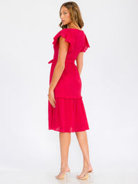 WOMEN'S SHORT RUFFLE SLEEVE SELF TIE EYELET DETAILED MIDI DRESS