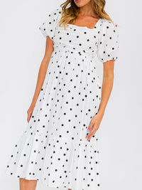 WOMEN'S SHORT PUFF SLEEVE SQUARE NECK POLKA DOTS MIDI DRESS