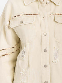 WOMEN'S LONG SLEEVE BUTTON CLOSURE POCKETS DISTRESS DENIM JACKET