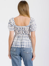 WOMEN'S SHORT PUFF SLEEVE ELASTIC WAIST PLAID PEPLUM TOP