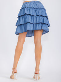 WOMEN'S ELASTIC WAIST TIERED RUFFLE CHAMBRAY MINI SKIRT