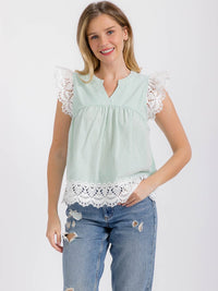 WOMEN'S RUFFLE SLEEVE V-NECK CROCHET TRIM PLAID BLOUSE