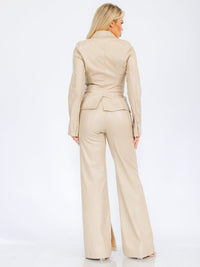 WOMEN'S LONG SLEEVE BLAZER & ZIP UP WIDE LEG PANTS PU PLEATHER 2PC SET