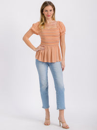 WOMEN'S SHORT SLEEVE SMOCK SWISS MULTI DETAILED PEPLUM TOP