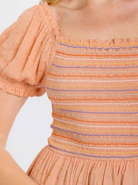 WOMEN'S SHORT SLEEVE SMOCK SWISS MULTI DETAILED PEPLUM TOP