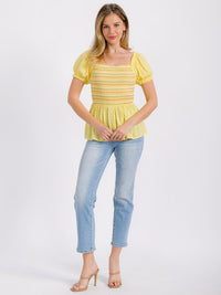 WOMEN'S SHORT SLEEVE SMOCK SWISS MULTI DETAILED PEPLUM TOP