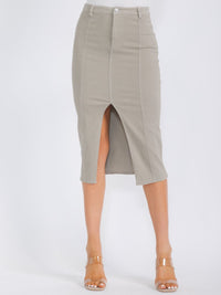 WOMEN'S BUTTON CLOSURE POCKETS DENIM MIDI PENCIL SKIRT