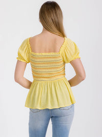WOMEN'S SHORT SLEEVE SMOCK SWISS MULTI DETAILED PEPLUM TOP