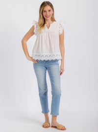WOMEN'S RUFFLE SLEEVE V-NECK CROCHET TRIM PLAID BLOUSE