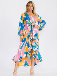 WOMEN'S LONG SLEEVES SELF TIE WRAP FRONT SLIT RUFFLE PRINTED MAXI DRESS