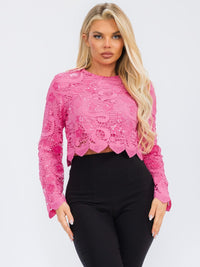WOMEN'S LONG SLEEVE EYELET TRIM DETAILED BLOUSE TOP