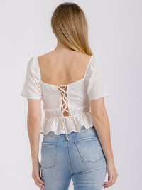 WOMEN'S SHORT SLEEVE ELASTIC WAIST OPEN BACK SWISS PEPLUM TOP