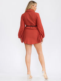 WOMEN'S LONG SLEEVE BUTTON UP BELTED LINEN MINI DRESS