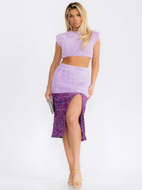 WOMEN'S SLEEVELESS CROP TOP & MIDI SKIRT COLORBLOCK FUZZY 2PC. SET