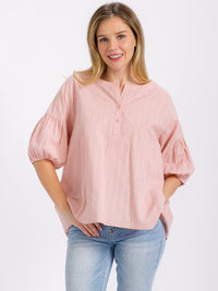 WOMEN'S SHORT PUFF SLEEVE BUTTON UP LOOSE FIT BLOUSE