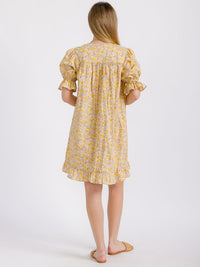 WOMEN'S SHORT PUFF SLEEVE V-NECK FRONT POCKETS FLORAL MINI DRESS