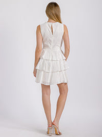WOMEN'S SLEEVELESS SURPLICE TIERED RUFFLE SWISS LACE MINI DRESS