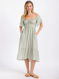 WOMEN'S SHORT SLEEVE OFF SHOULDER FRONT POCKETS HIGH-LOW MIDI DRESS