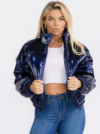 WOMEN'S LONG SLEEVE ZIP UP FRONT POCKETS PU PLEATHER PUFFER JACKET