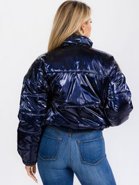 WOMEN'S LONG SLEEVE ZIP UP FRONT POCKETS PU PLEATHER PUFFER JACKET