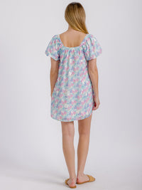 WOMEN'S SHORT PUFF SLEEVE SQUARE NECK FRONT POCKETS FLORAL MINI DRESS
