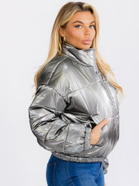 WOMEN'S LONG SLEEVE ZIP UP FRONT POCKETS PU PLEATHER PUFFER JACKET