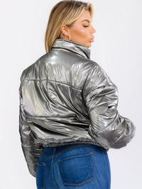 WOMEN'S LONG SLEEVE ZIP UP FRONT POCKETS PU PLEATHER PUFFER JACKET