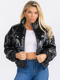 WOMEN'S LONG SLEEVE ZIP UP FRONT POCKETS PU PLEATHER PUFFER JACKET