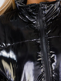 WOMEN'S LONG SLEEVE ZIP UP FRONT POCKETS PU PLEATHER PUFFER JACKET
