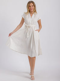 WOMEN'S SHORT SLEEVE V-NECK BUTTON UP FRONT POCKETS SELF TIE MIDI DRESS