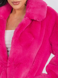 WOMEN'S LONG SLEEVE BUTTON CLOSURE FRONT POCKETS FAUX FUR COAT