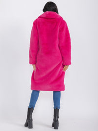 WOMEN'S LONG SLEEVE BUTTON CLOSURE FRONT POCKETS FAUX FUR COAT