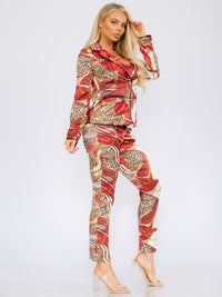 WOMEN'S LONG SLEEVE BLAZER WITH CROP TOP & BUTTON CLOSURE PANTS MULTI PRINT 3PC SET