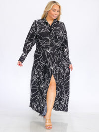 PLUS SIZE LONG SLEEVES BUTTON UP PRINTED WRAP MAXI DRESS