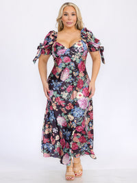 PLUS SIZE SHORT PUFF SLEEVES V-NECK FLORAL MAXI DRESS