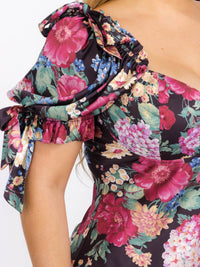 PLUS SIZE SHORT PUFF SLEEVES V-NECK FLORAL MAXI DRESS